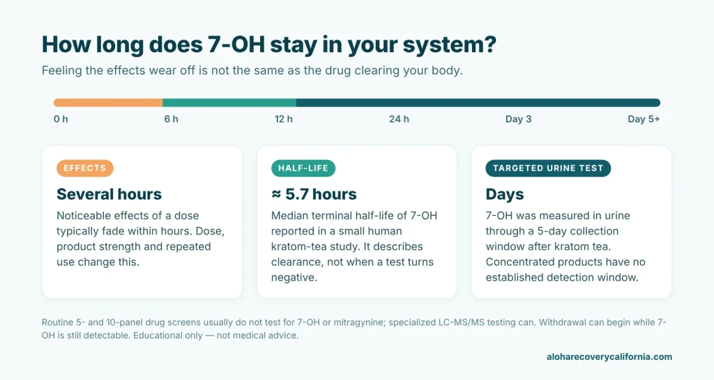 How long does 7-OH stay in your system: effects last hours, half-life about 5.7 hours, targeted urine tests detect it for days. 
