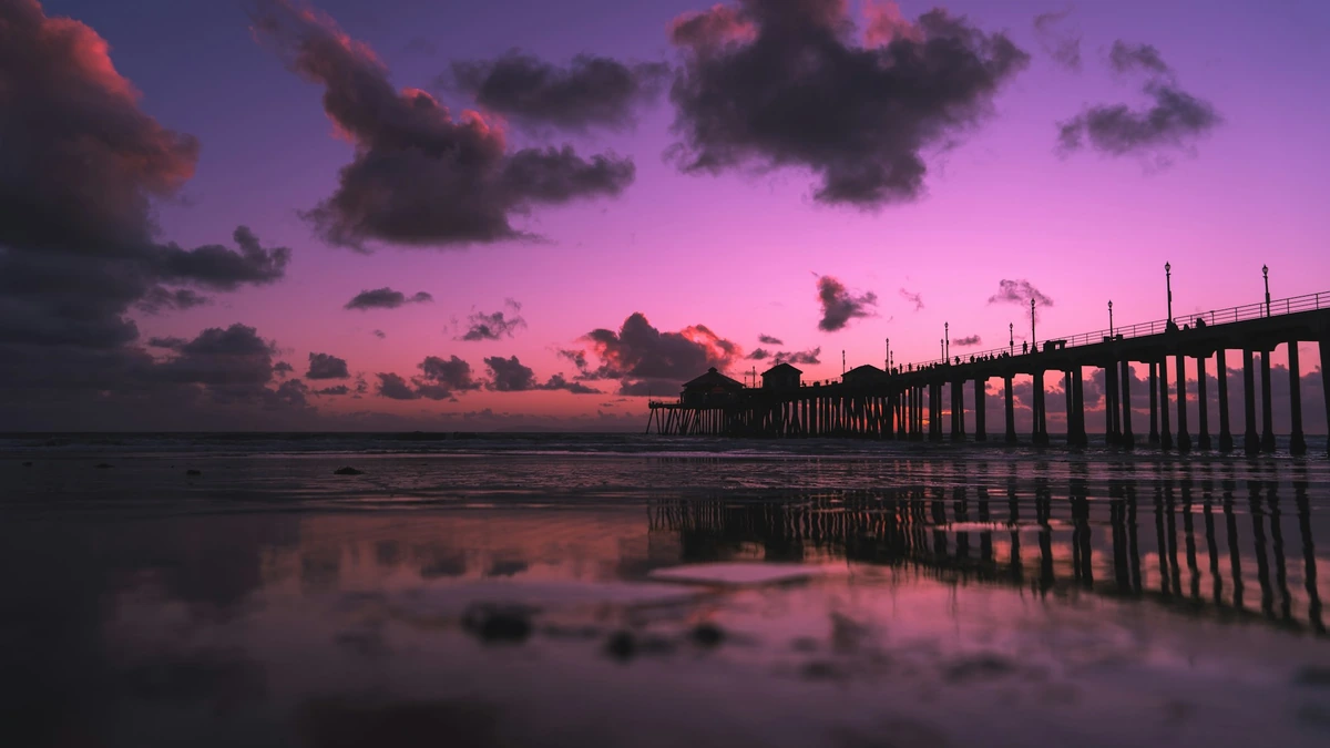 Huntington Beach Pier at sunset in Orange County, California.